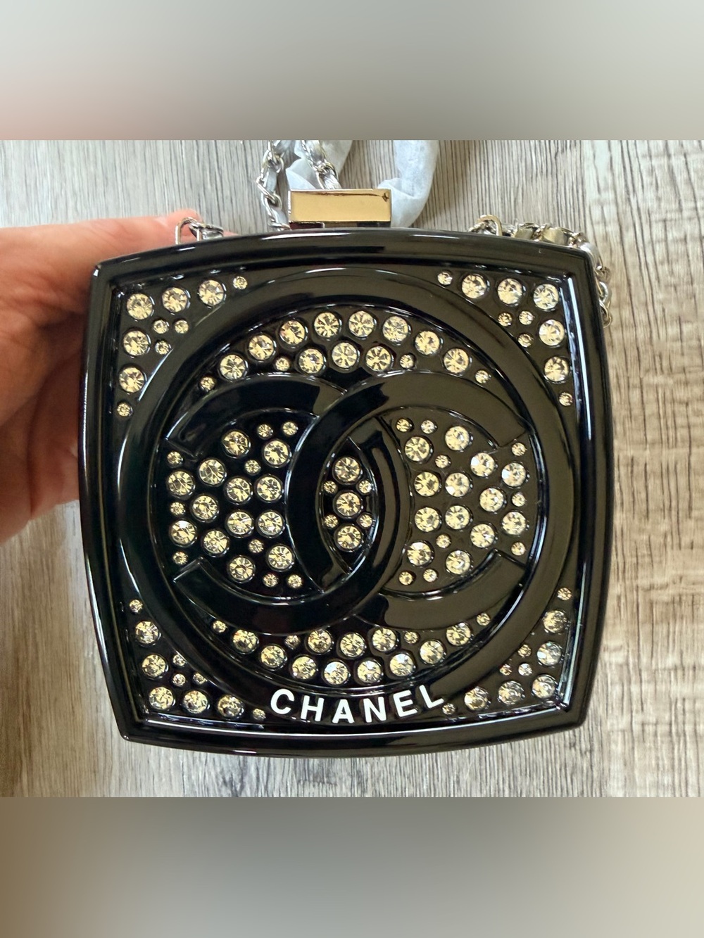 Fashion Chanel Black Crystal ‘CC’ Clutch w Silver Tone Leather Link Chain NEW - Picture 3 of 16